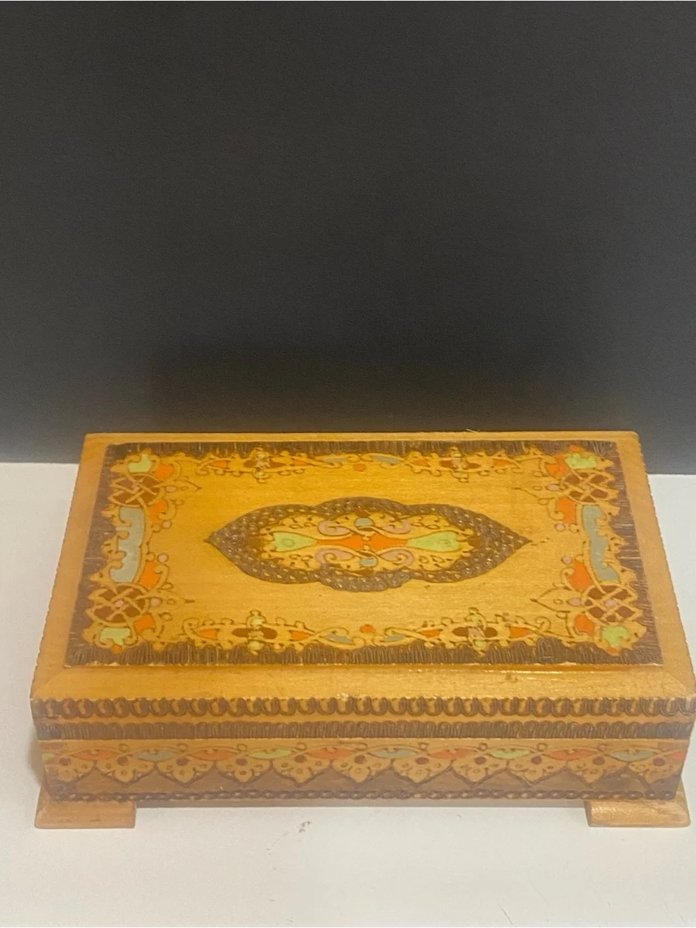 Vintage Bulgarian folk art pyrography wooden box